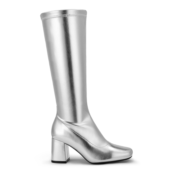 Desire Square Toe Chunky Knee High Gogo Boots - SILVER PU - 2